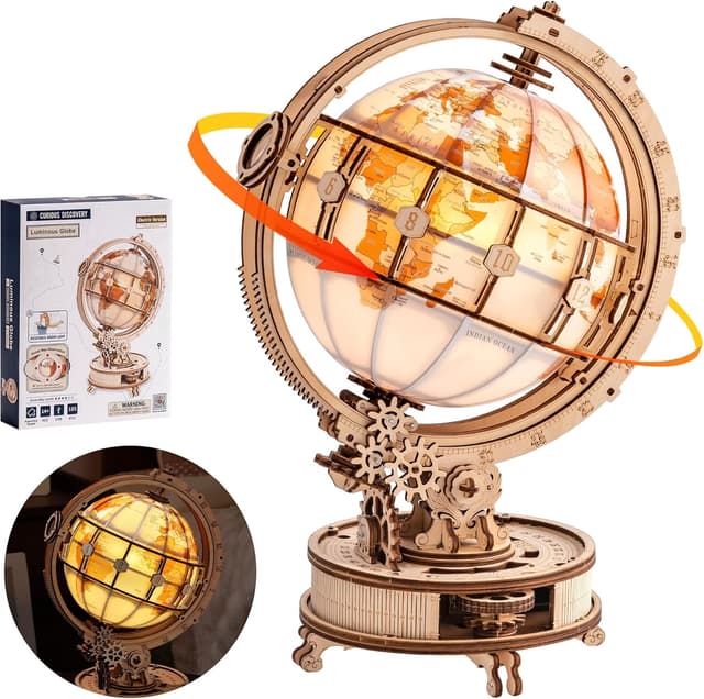 Detalle de Robotime Globo Terráqueo 3D de Madera con Luz LED