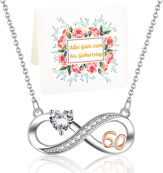 Detalle de USEEDOVIA Infinity-Halskette zum 60. Geburtstag für Frauen mit Herz-Zirkonia, rosévergoldeter Anhänger