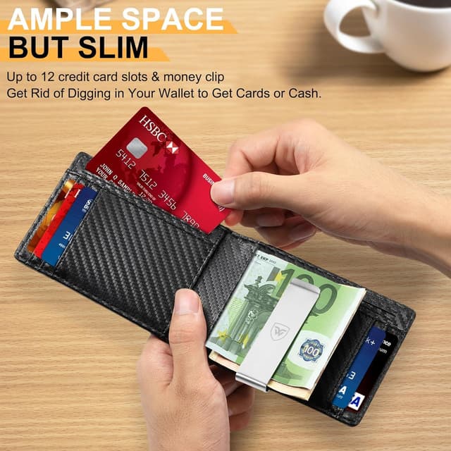 Detalle 2 de WONSEFOO Wallets Mens Slim RFID Carbon Fiber 12 slots
