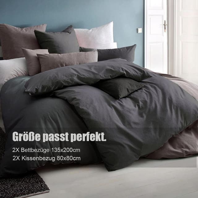 Detalle 2 de Soifox Bettwäsche 135x200 4tlg Anthrazit Bettwäsche-Sets