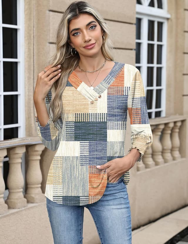Detalle de Rapbin Damen-Bluse mit 3/4-Arm, V-Ausschnitt & Knopfleiste – elegante Tunika für Sommer und Alltag