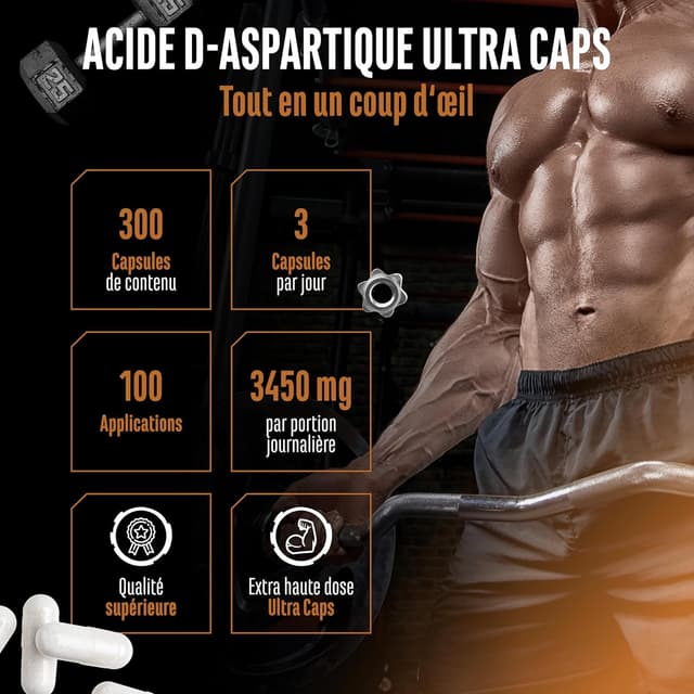 Detalle de D-Acide Aspartique DAA Ultra Caps – 300 gélules dosées à 1150 mg (DAA) – sans additifs indésirables