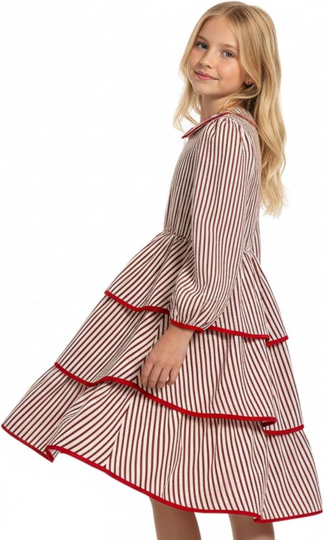 Detalle 2 de JiAmy Girls Long Sleeve Vintage Peter Pan Collar Tiered Dress (4–12 years)