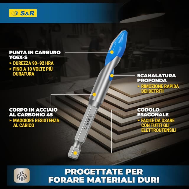 Detalle de S&R Set Punte Trapano per Ceramica Dura 5 pezzi 4/5/6/8/10 mm con codolo esagonale 1/4”