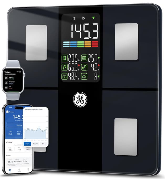 Detalle de GE Smart Bathroom Scale with Bluetooth and 14 Body Composition Metrics (400 lb capacity) – Black