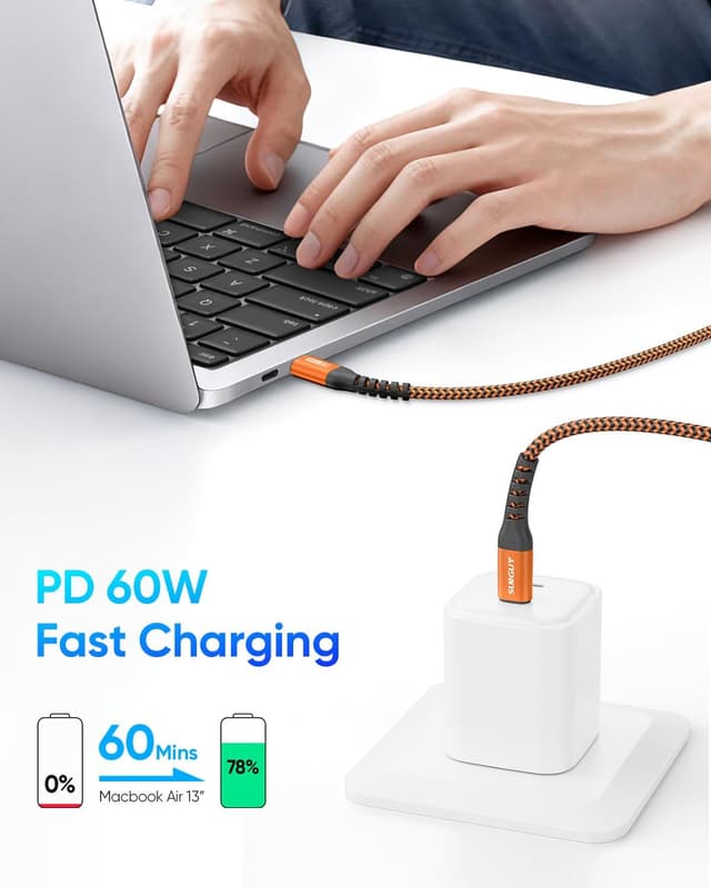 Detalle de SUNGUY USB-C auf USB-C Kurz-Kabel (2× 0,5 m, 60 W, 480 Mbit/s) – Schnellladekabel für iPhone, MacBook, iPad und mehr