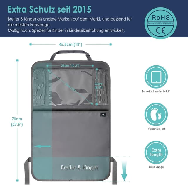 Detalle de Termichy Rückenlehnenschutz fürs Auto mit Organizer & wasserdichtem Schutzplane – für Kinder, Rücksitz (1 Stück) grau