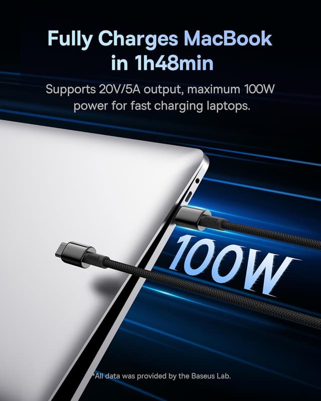 Detalle de Baseus USB-C auf USB-C Kabel (100 W, 2 m) mit PD 5A & QC 4.0 – Schnellladekabel für Laptop, iPad & Smartphone