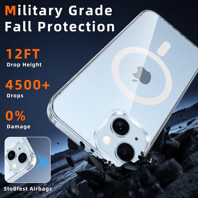 Detalle 2 de Coque magnétique Phoona pour iPhone 14 avec protection caméra et 2 vitres trempées, compatible MagSafe (TPU/PC transparent)