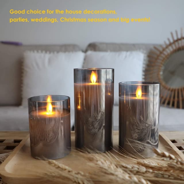 Detalle de YMing flameless LED candles set (4"/5"/6") with remote and timer – real-wax style, gold glass pillars