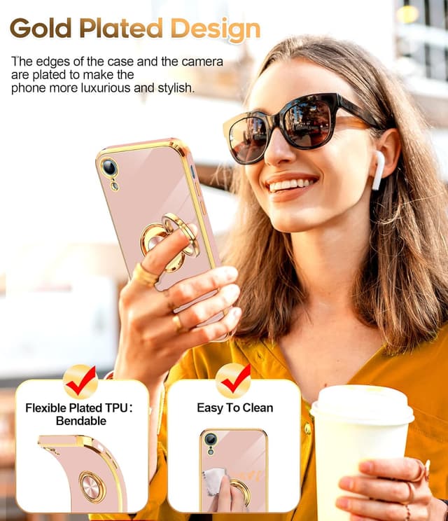 Detalle de LeYi iPhone XR Case with Tempered Glass Screen Protector (2-Pack) 360° Magnetic Kickstand Ring Holder, Rose Gold Edge, Pink