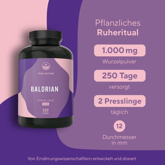Detalle 2 de True Nature Baldrian Presslinge – hochdosierte Baldrianwurzel (Valeriana officinalis) mit 500 mg pro Pressling
