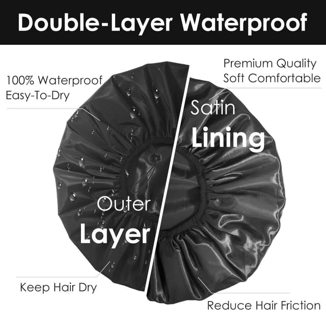Detalle de Auban Extra Large Waterproof Shower Cap (XL, Satin Lined, Adjustable) for Thick Long Hair, Braids & Dreadlocks