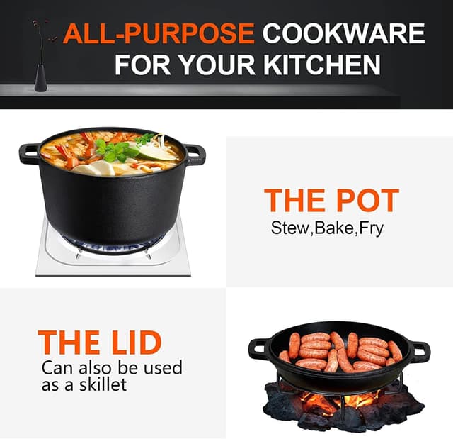 Detalle de Overmont Dutch Oven aus Gusseisen – einsatzfertig eingebrannt, Deckel als Bratpfanne (27 cm) für Küche, Camping & Grill