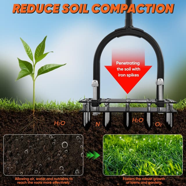 Detalle 2 de Saker Lawn Aerator Tool with 15 iron spikes – automatic spring-loaded lawn aeration for patio, yard and garden