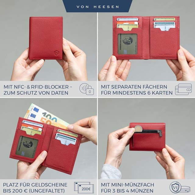 Detalle 2 de VON HEESEN Leder-Geldbörse für Herren mit Münzfach und RFID-Schutz (Rot)
