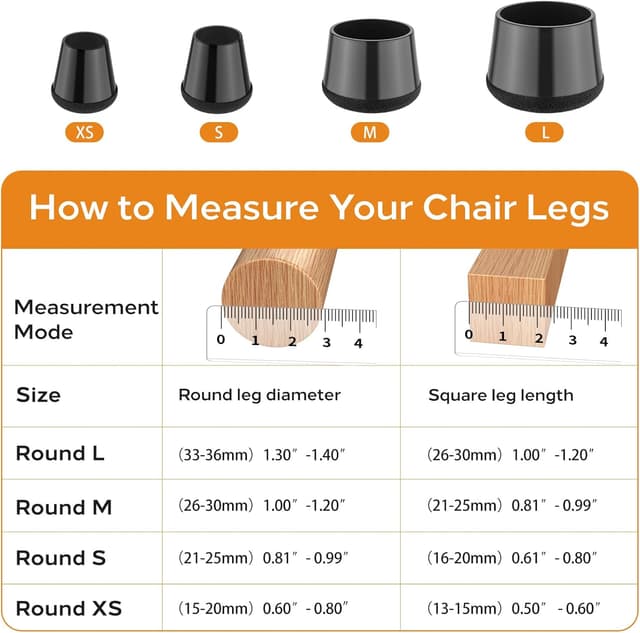 Detalle 2 de yomanta Chair Leg Floor Protectors (24PCS) – Silicone & felt pads for round chair legs (33–36mm), black