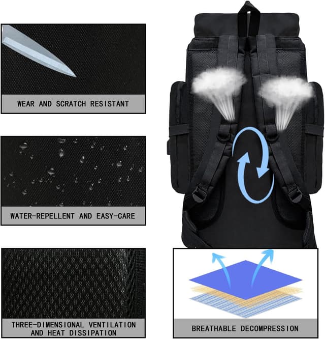 Detalle de Wesoke 80L (100 litres) Camping & Hiking Backpack – waterproof 600D Oxford, Molle tactical rucksack, extra-large outdoor travel daypack