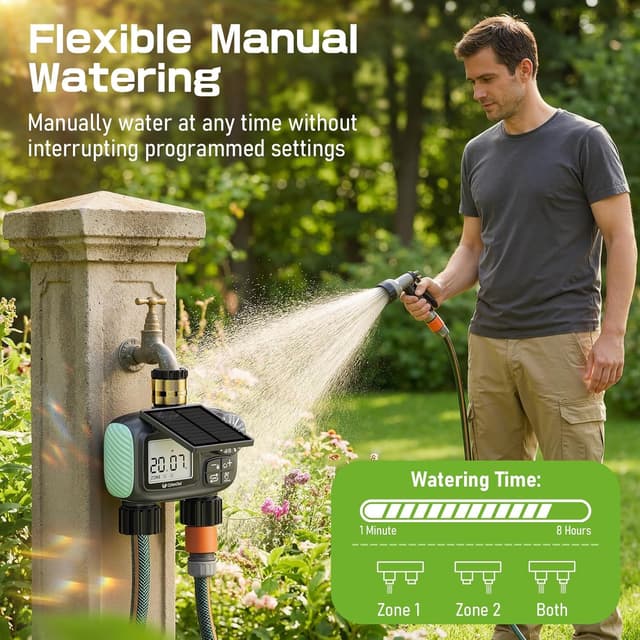 Detalle de Timer per irrigazione solare CyberOrd a 2 zone con ricarica Type-C e modalità auto/manuale