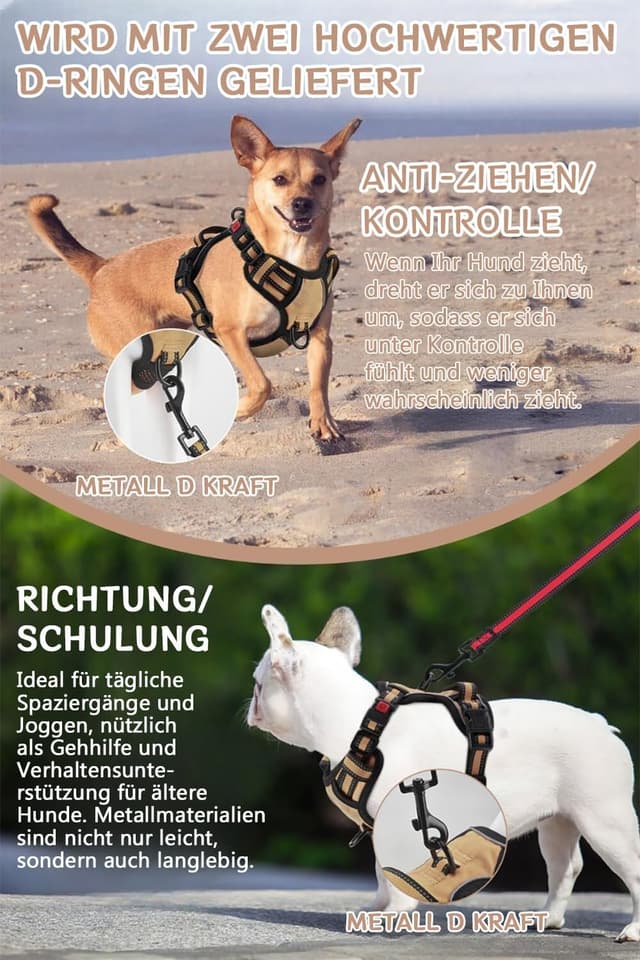 Detalle de BaoCheng Hundegeschirr Anti-Zug-Hundegürtel für kleine bis große Hunde (Khaki) – atmungsaktives Mesh, 3 Schnallen, reflektierend