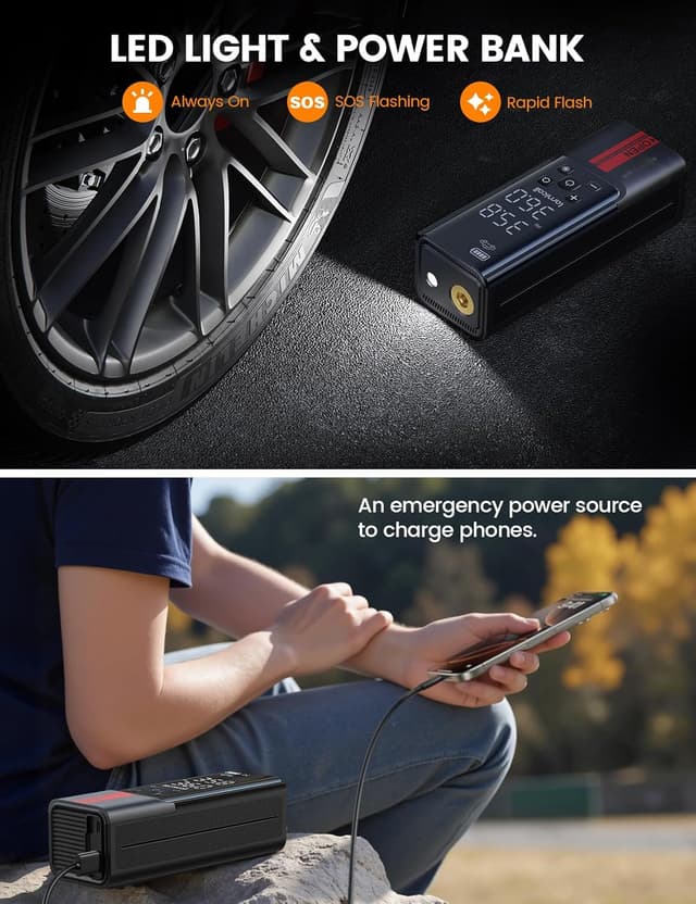 Detalle 2 de Lamicall Portable Car Tire Inflator (150 PSI) Cordless Air Compressor with Pressure Gauge & LED