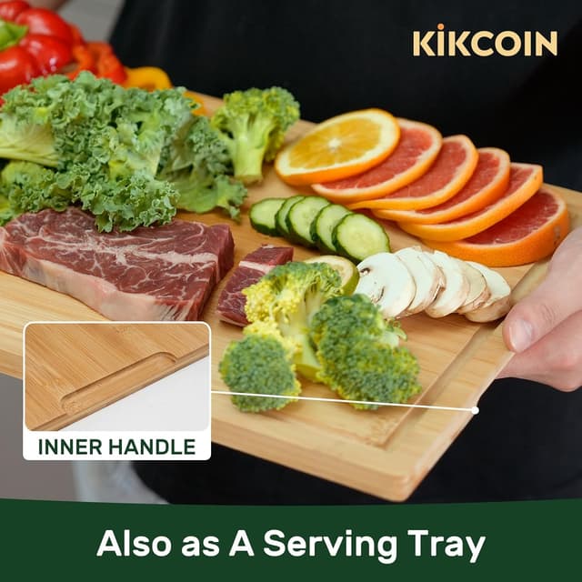 Detalle de Kikcoin 17” x 11” Bamboo Cutting Board with Deep Juice Groove & Handle