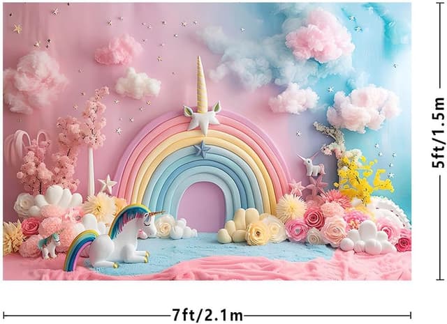 Detalle de MEHOFOND 7x5ft Pink Unicorn Birthday Photography Background, Polyester Studio Backdrop for Cake Smash & Parties