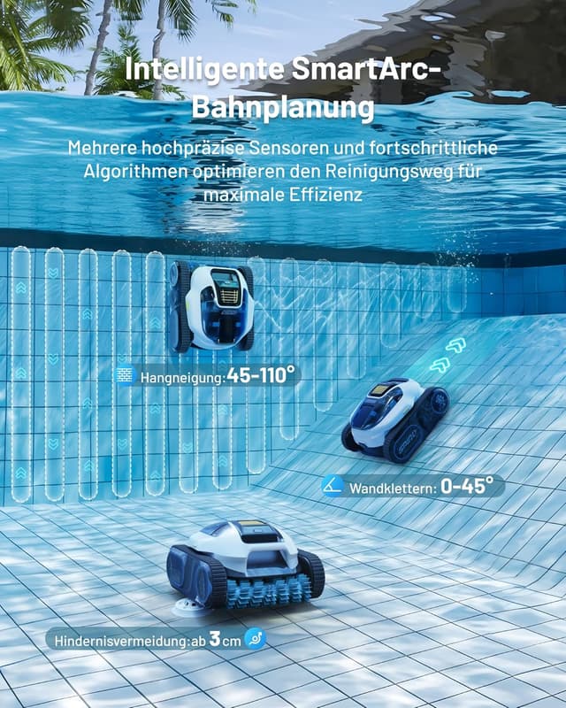 Detalle de (2026 Neues) Spino E1 Poolroboter für Wand & Boden – kabelloser Poolsauger mit App-Steuerung und SmartArc Navigation