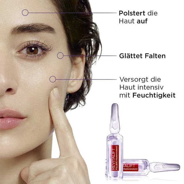 Detalle de L'Oréal Paris Revitalift Filler Hyaluron-Shots für Frauen – 7-Tage-Kur mit reiner Hyaluronsäure & Vitamin B5 (7 Einzeldosis-Ampullen)