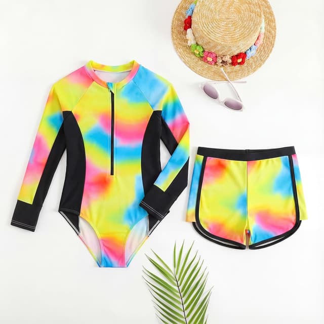 Detalle 2 de JiAmy Mädchen Badeanzug Zweiteiler Set (Langarm UV-Schwimmshirt mit Badehose) für 7–12 Jahre, Gr. 122–152