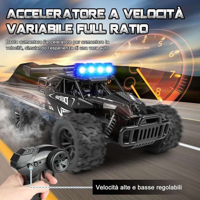 Detalle 2 de Joellfuner Monster Truck 1:16 radiocomandato 2,4 GHz con luci LED (nero) – fino a 20 km/h, per bambini 3+