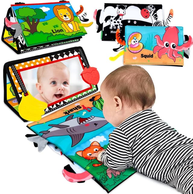 Detalle de Baby Toys 0–6 Months Tummy Time Mirror Toy with Cloth Book (Black & White High Contrast) — Montessori Sensory Infant Set