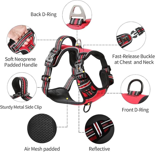 Detalle 1 de HEELE Harnais pour chien anti-traction réfléchissant rouge avec poignée rembourrée – Taille M