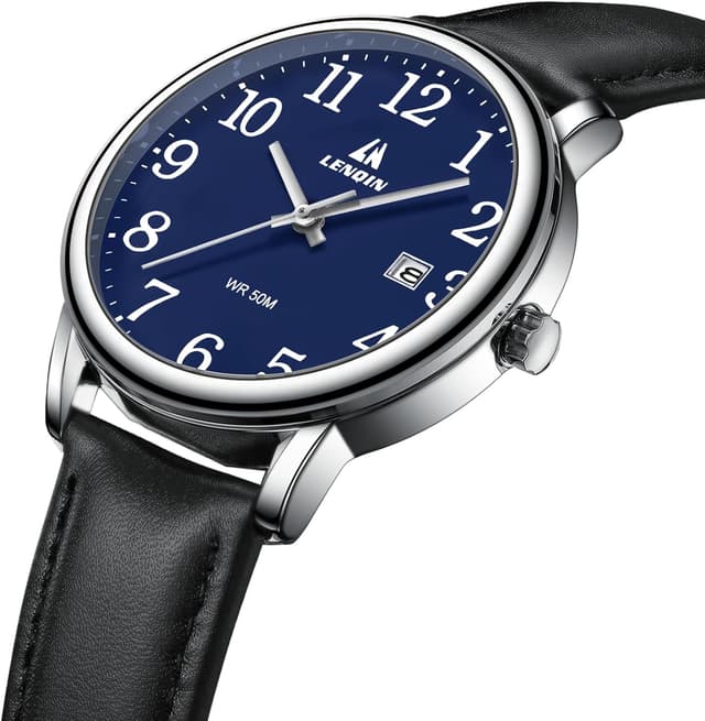 Detalle de Herren Analog-Quarzuhr 38 mm mit Datum, 3 ATM wasserdicht – Easy Reader mit Lederarmband