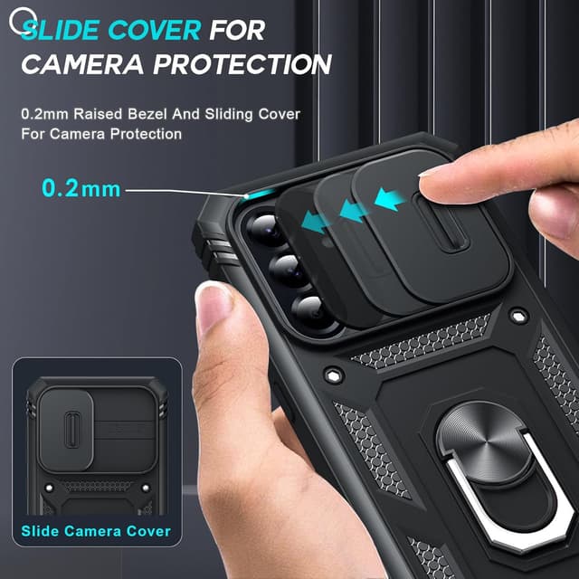 Detalle de LeYi for Samsung Galaxy A56 5G Case with Camera Cover Slider, 360° Tough Armour + Ring Stand and 2 Tempered Glass Screen Protectors (Black)