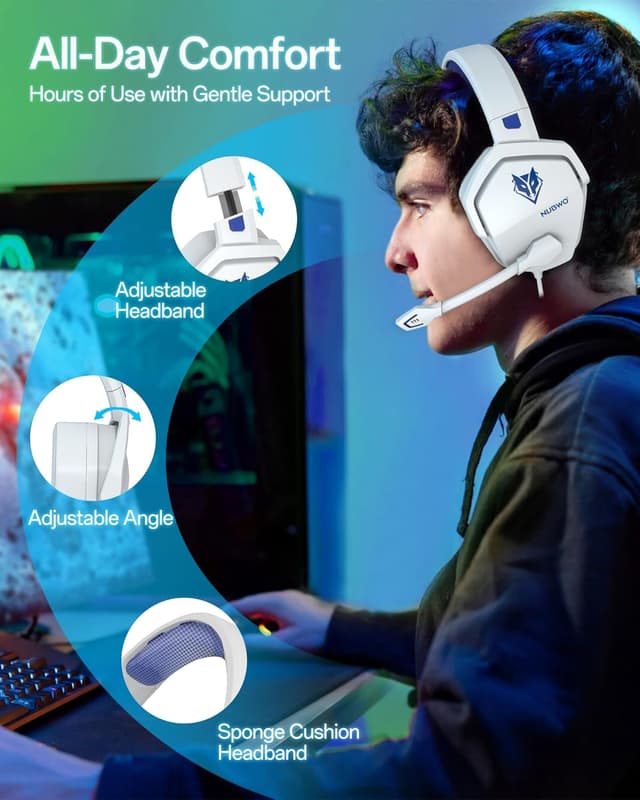 Detalle de NUBWO N16 Wired Gaming Headset with Microphone for Xbox, PS5, PS4, PC, Switch & Mac (3.5mm) – White Blue