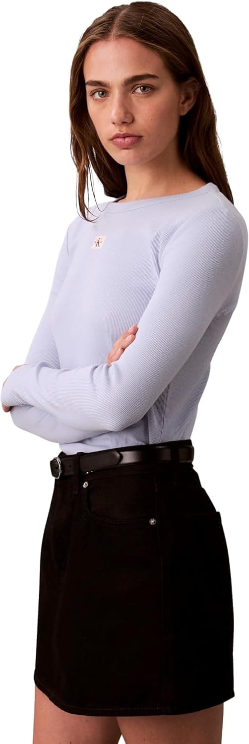 Detalle de Calvin Klein LS Woven Label 2x2 Rib Crew Top da donna