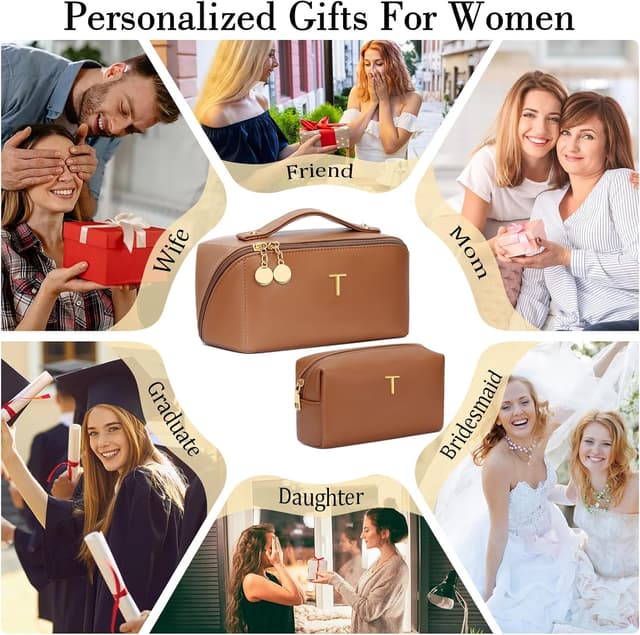 Detalle 2 de CLOUDWINGS Personalized Initial Makeup Organizer Bag Set for Women & Teen Girls (Brown)