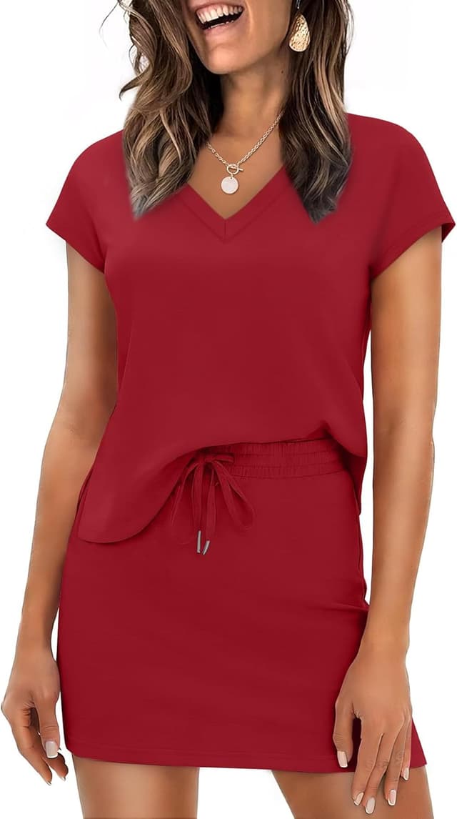 Thumbnail 6 de WIHOLL Two-Piece Skirt Set for Women: Cap Sleeve V-Neck Top & Tennis Skort with Built-In Shorts