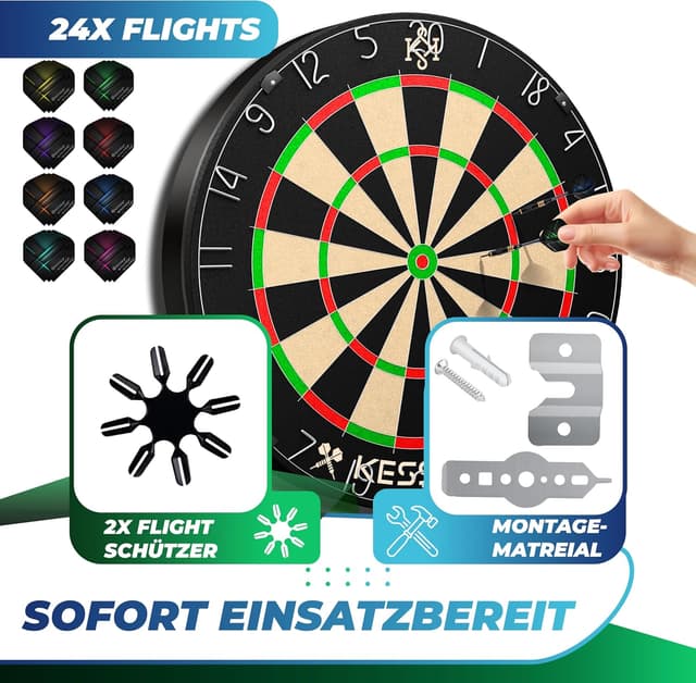 Detalle 2 de KESSER Dartscheibe Sisal mit 9 Dartpfeilen Professional, 24 Pro Flights & Montageset (Steeldart)