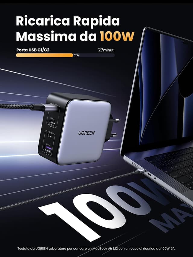 Detalle 2 de UGREEN Nexode 100W caricatore GaN USB-C multiplo con 4 porte (3 USB-C + 1 USB-A)