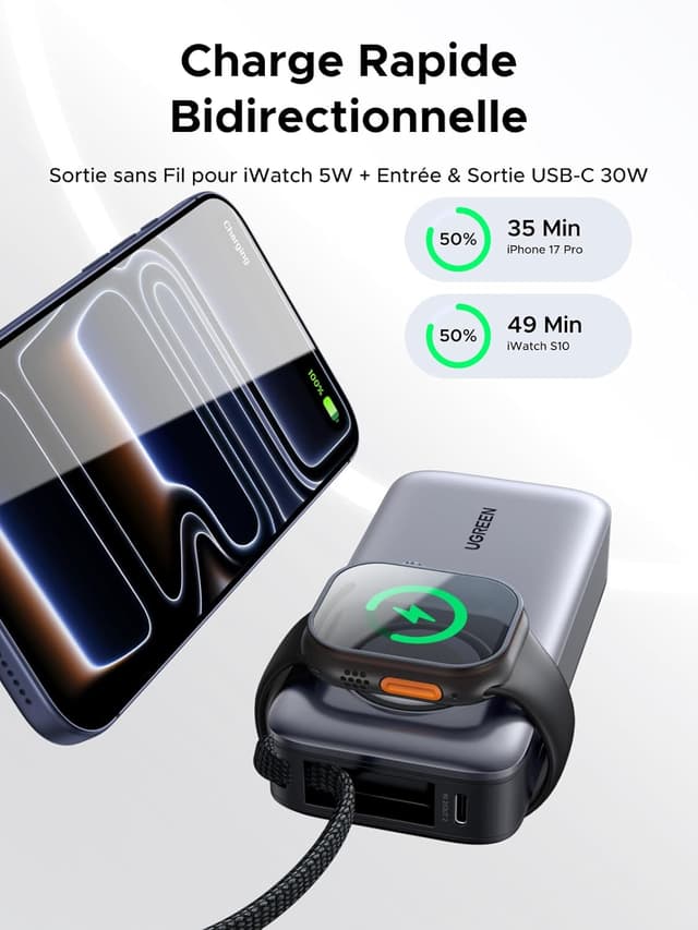 Detalle 2 de UGREEN Nexode 30W Batterie Externe 10000 mAh avec charge magnétique 5W pour iWatch