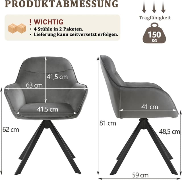 Detalle de Goeurvant Sedie da pranzo in velluto grigio scuro, set da 4 girevoli 360° con braccioli