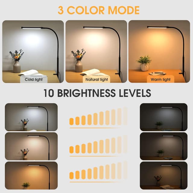 Detalle de Voncerus LED Desk Lamp with Clamp (USB Adapter), 3 Color Modes & 10 Brightness Levels, Flexible Goose-Neck, Black