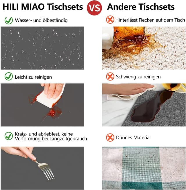 Detalle 2 de HELI MIAO abwischbare Tischsets aus PVC-Lederoptik inkl. Untersetzer (2er-Set), grasgrün & violett