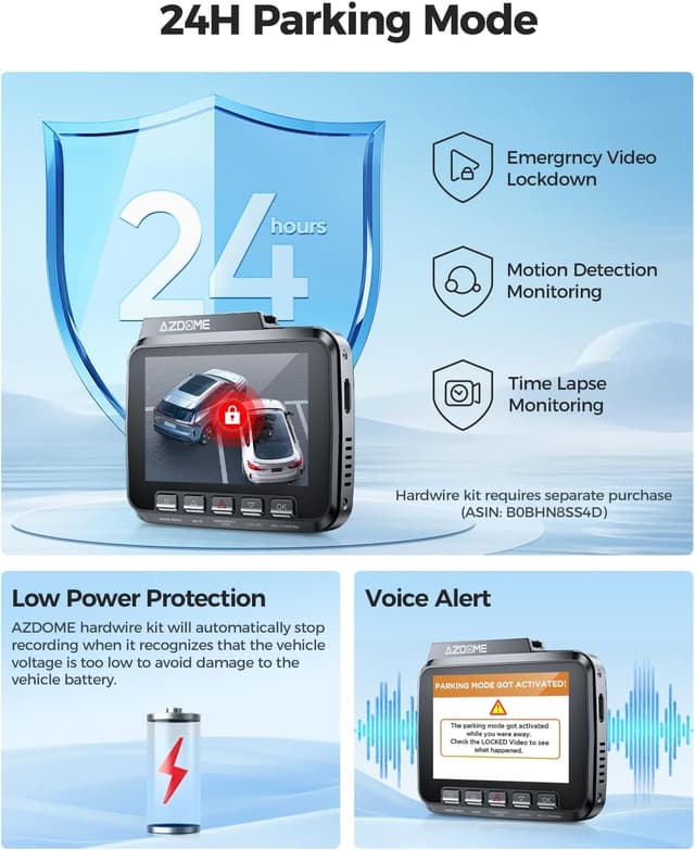 Detalle 2 de AZDOME GS63H Pro dual dash cam (front 4K + rear 2.5K/GPS) with WiFi, 64GB SD, parking monitoring