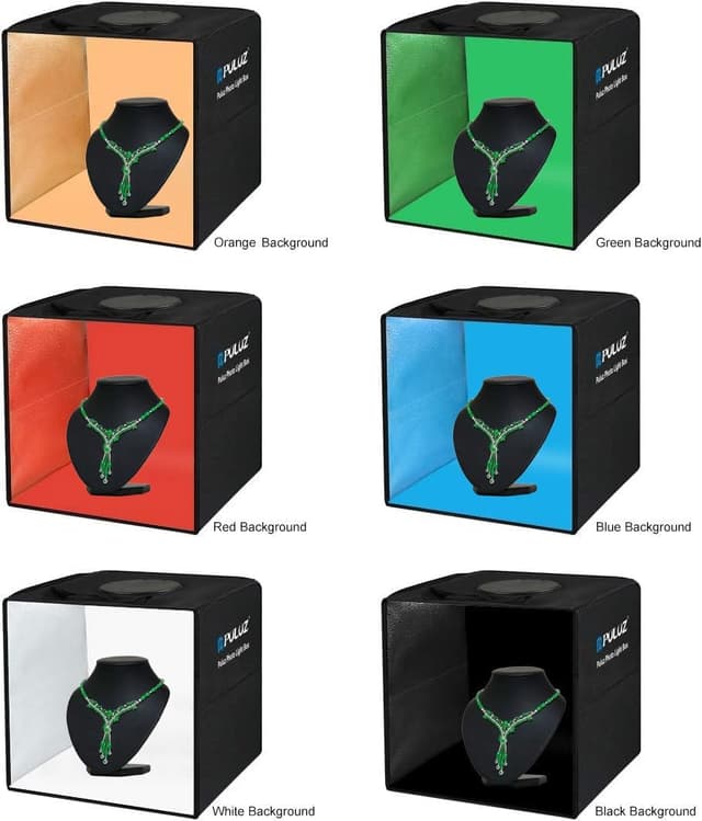 Detalle 2 de PULUZ 30 cm Fotostudio Lichtzelt (Fotobox) mit 112 dimmbaren LED & 6 Hintergründen – für Produktfotos