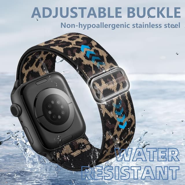 Detalle de Ynitec Leopard Print Stretch Nylon Strap for Apple Watch (40/38/41/42mm) — elastic loop band for wrist, arm or ankle