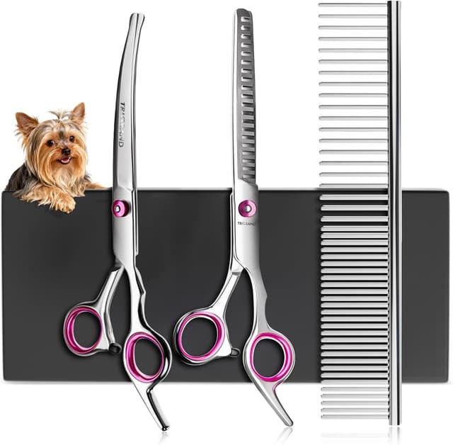 Detalle de Professional stainless steel one-piece dog grooming scissors with safety round tip (4CR) – titanium coated grooming shears, pink