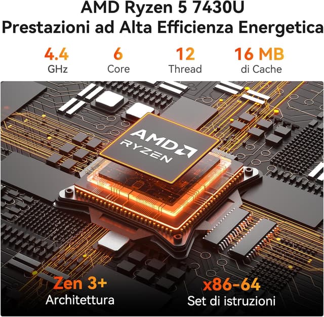 Detalle de GEEKOM A5 Pro mini PC con AMD Ryzen 5 7430U, 16GB RAM e SSD da 512GB, Windows 11